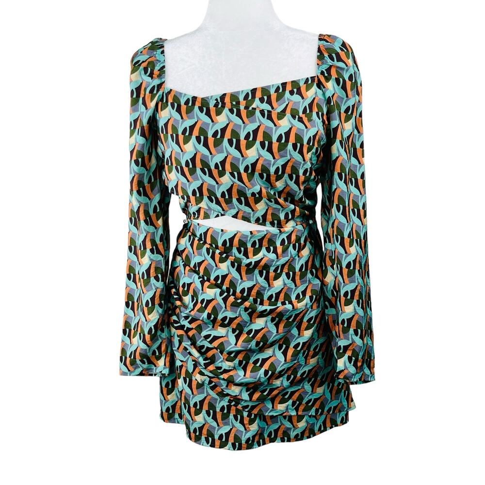 Topshop Geometric Cutout Mini Dress Green Orange Retro 70s Mod Festival 6 NWOT - Picture 3 of 15